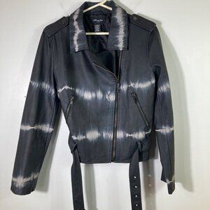 Womens Anna Cai Tie Dyed Faux Leather Moto‎ Jacket Lined Black White M PU